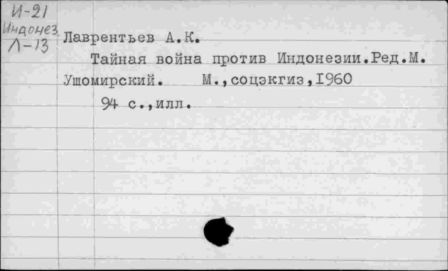 ﻿И~21 УицОЦеЪ /1-/3	Лаврентьев А. К. 	 Тайная война против Индонезии.Ред.М. Ушомипский.	М.,соцэкгиз»1960	
		94 с.,илл•
		
		
		
		
		
		
		